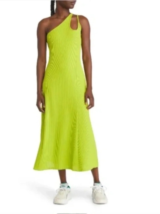 Topshop Dresses & Skirts - Topshop | Neon Green One-Shoulder Ribbed Midi Dress S